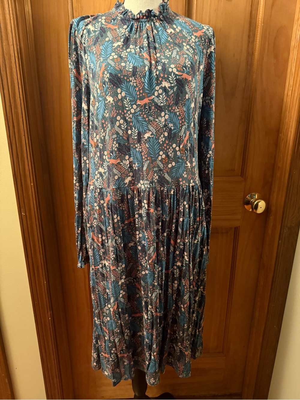 Boden Teal and Fox Long-Sleeve Floral Leaf Midi Dress
